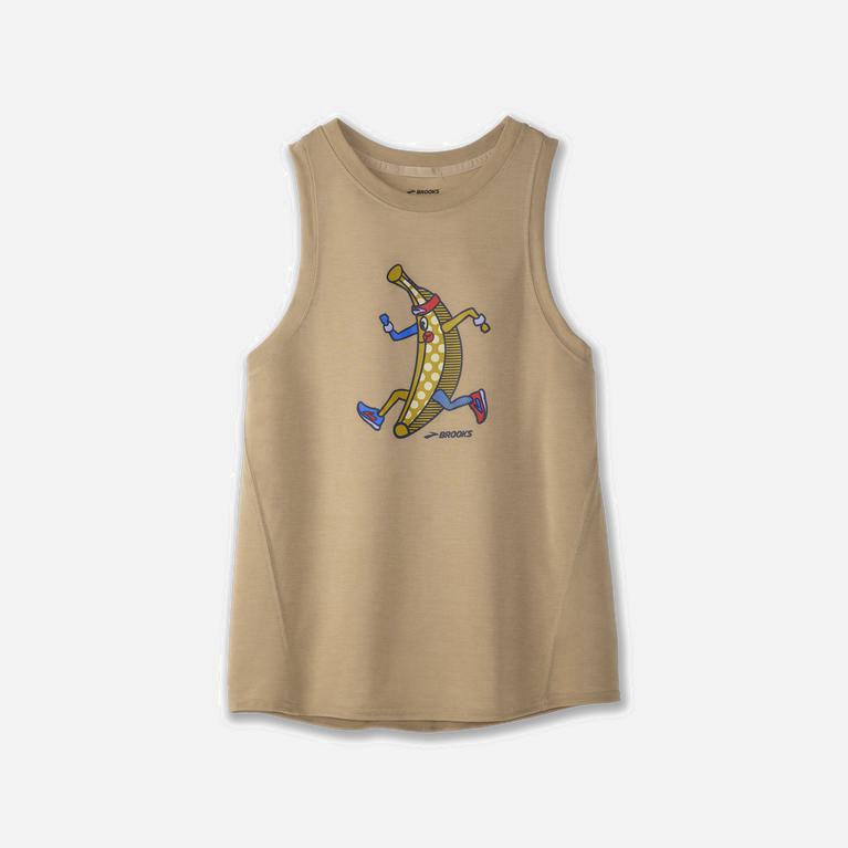 Brooks Women's Distance Graphic Running Tank Top Singapore - Heather Oatmeal/Banana/Black (76159-QJW